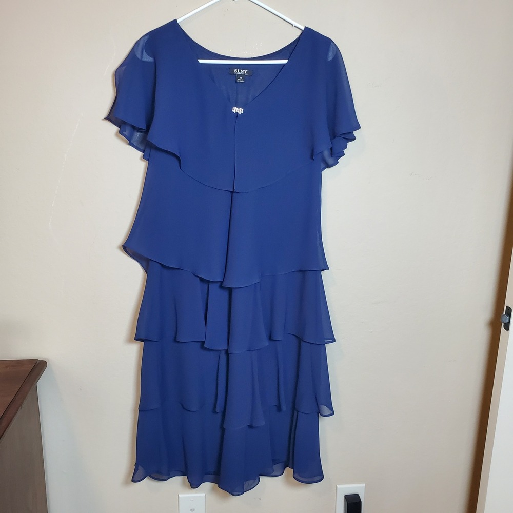 SLNY Navy Blue Tiered Chiffon Flutter Sleeve Dress Rhinestone Accent‎ 16 117525